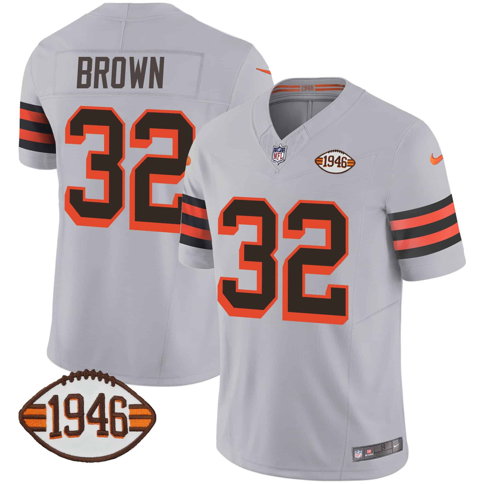 Men Cleveland Browns #32 Brown Grey 1946 75th Anniversary Patch 2024 Nike NFL Jersey